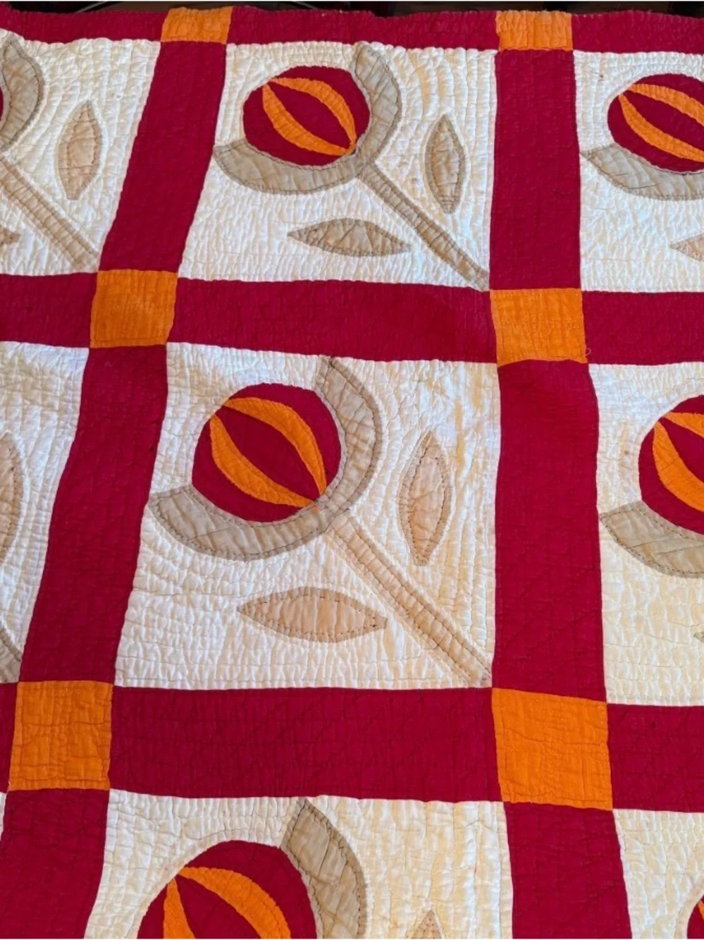 Antique Love Apple Patchwork Quilt in Red, Orange, Cream c 1850